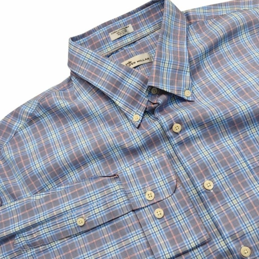 Peter Millar Button Down Shirt Mens 2XL Blue‎ Tan Plaid Cotton Long Sleeve